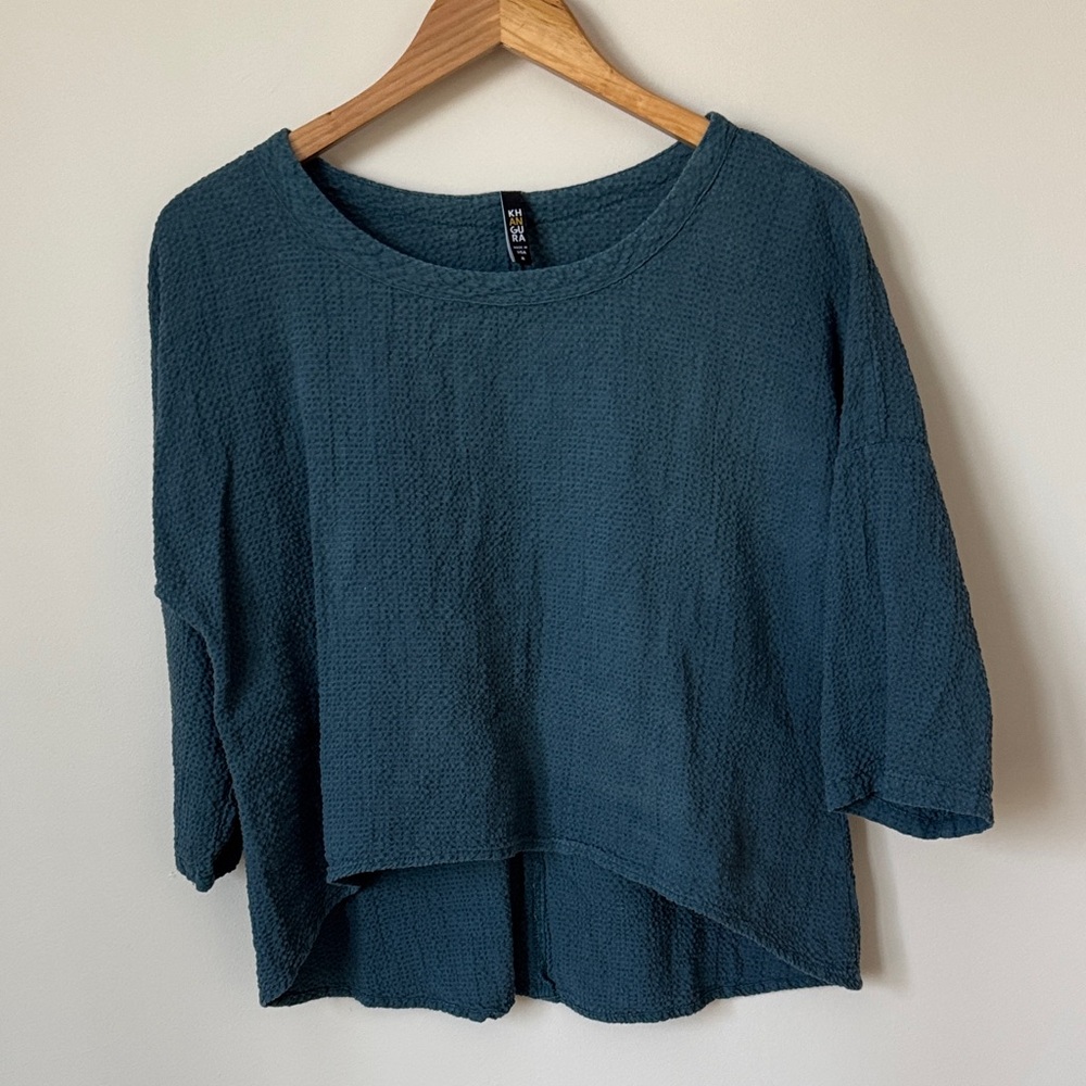 Khangura | Linen Blend Half Sleeve Top in Dark Teal Blue Made in USA | Size M